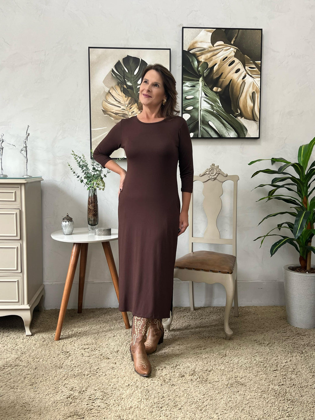 Vestido Midi Manga 3/4 Marrom - Maura