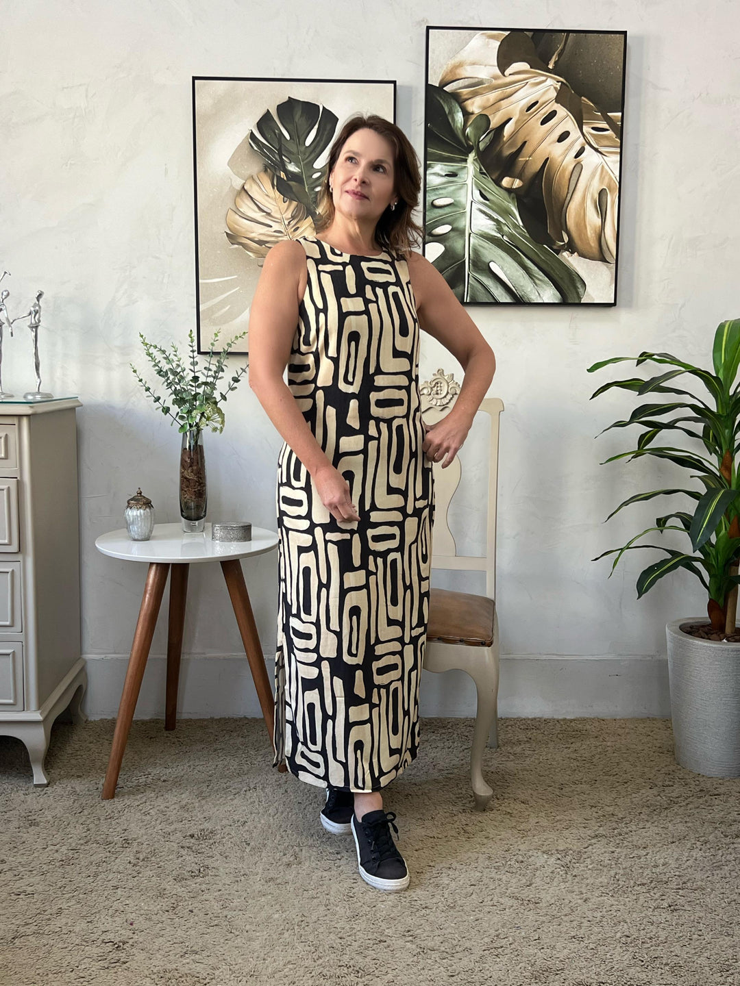 Vestido Longo em Linho Estampado Preto / Natural - Melanie