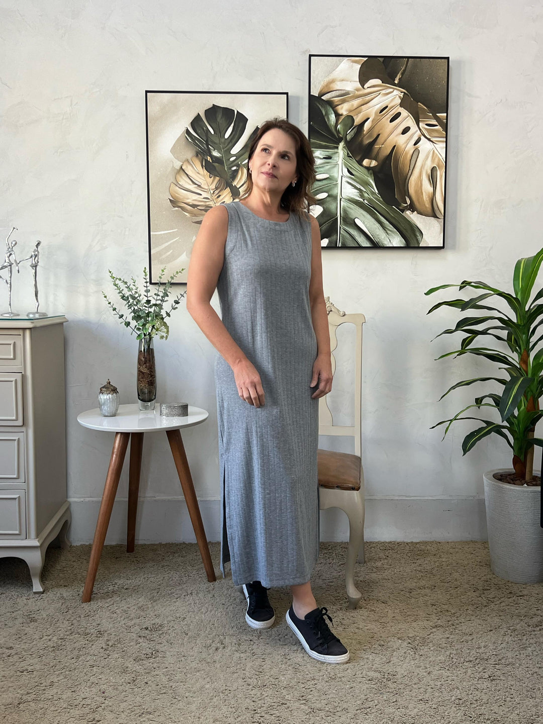Vestido Midi Regata Canelado Cinza Mescla - Alaíde