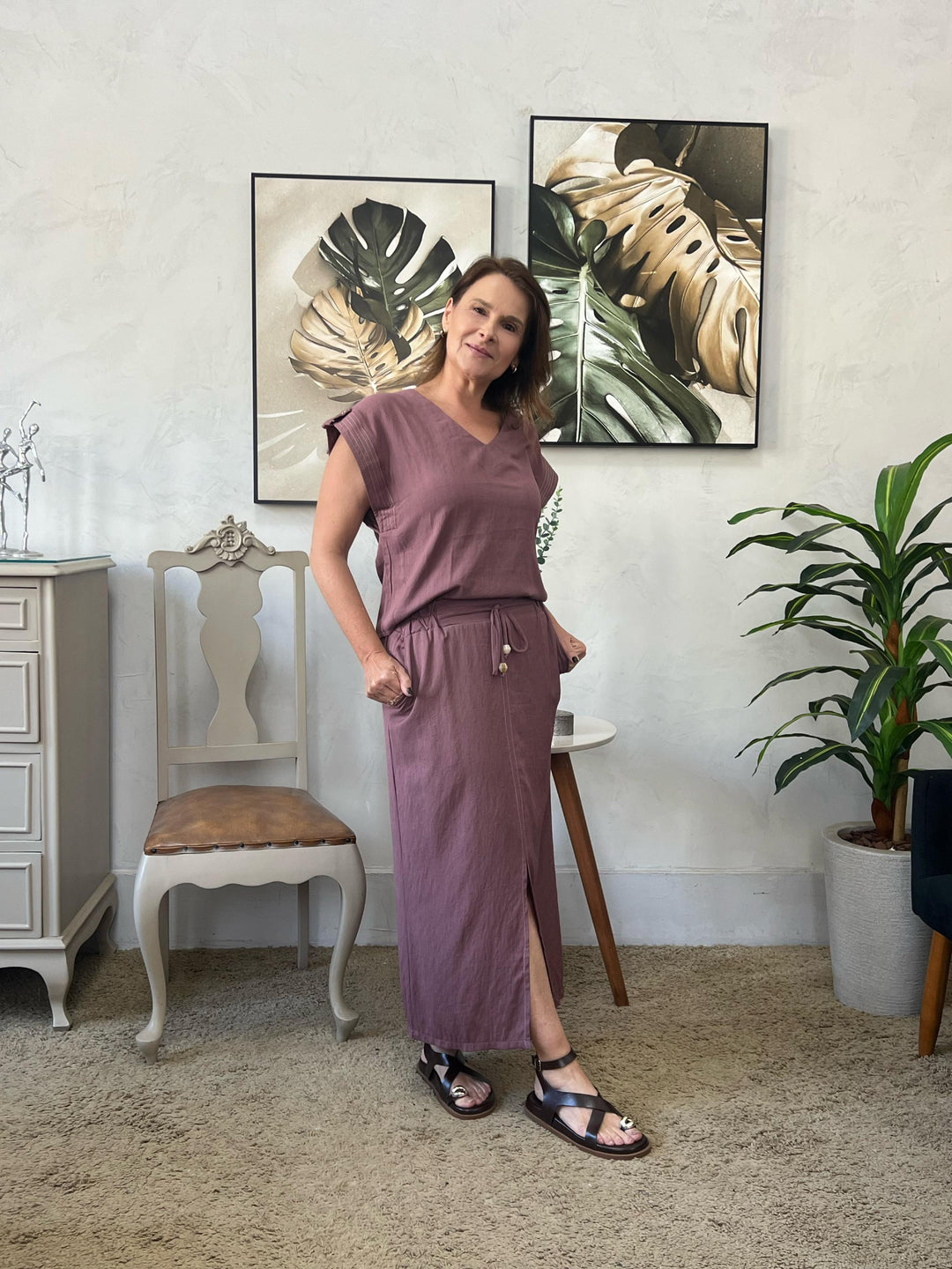 Conjunto de Saia Midi e Blusa Manga Curta Uva - Emanuele