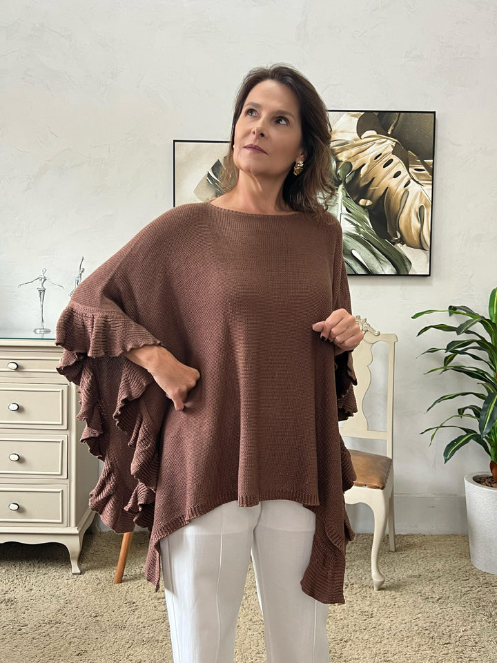 Poncho Babados Tricot Marrom - Érica