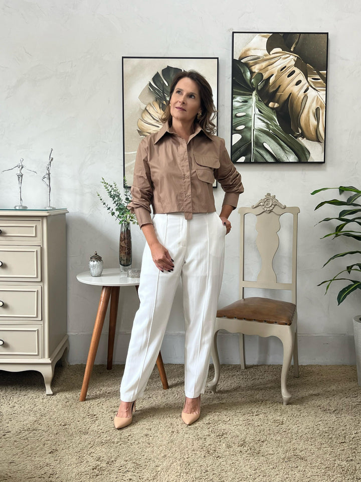 Camisa Cropped Manga Longa Marrom - Evelyn