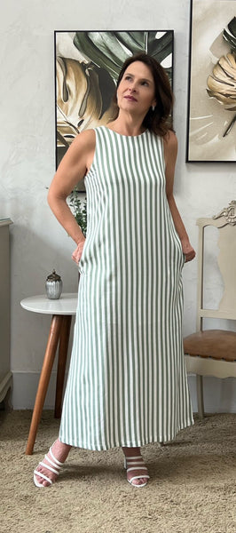 Vestido Off White com Listras Verticais em Verde - Doralice