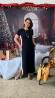 Vestido Midi Preto com Listras Verticais Laterais de Viscolycra - Maura