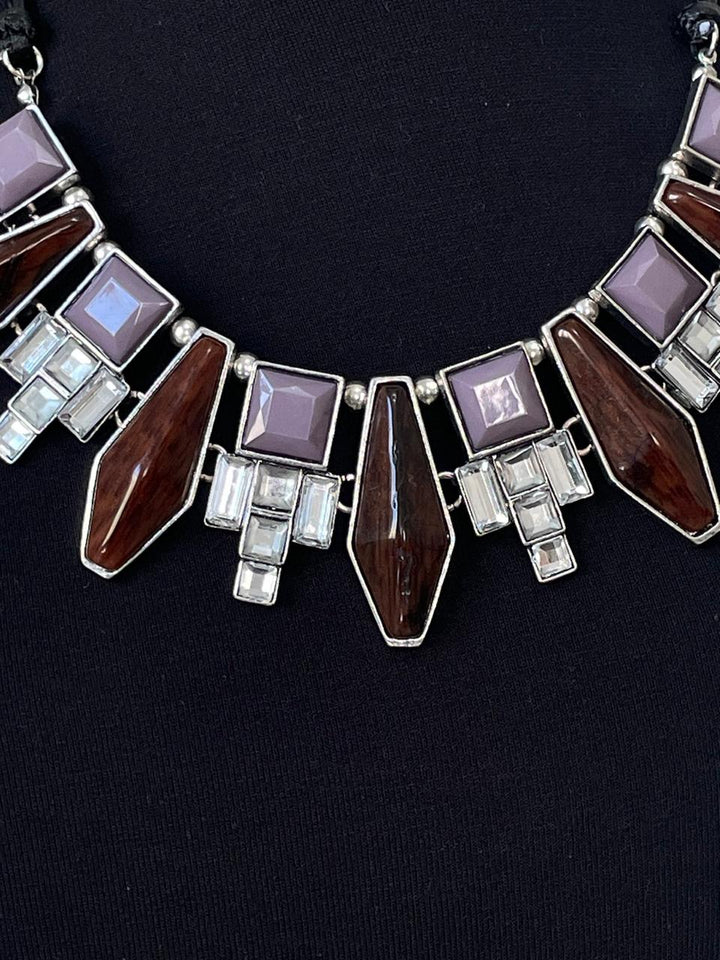 Colar Prata Fio Encerado Pedras Marrom Roxo e Transparente - Maraisa