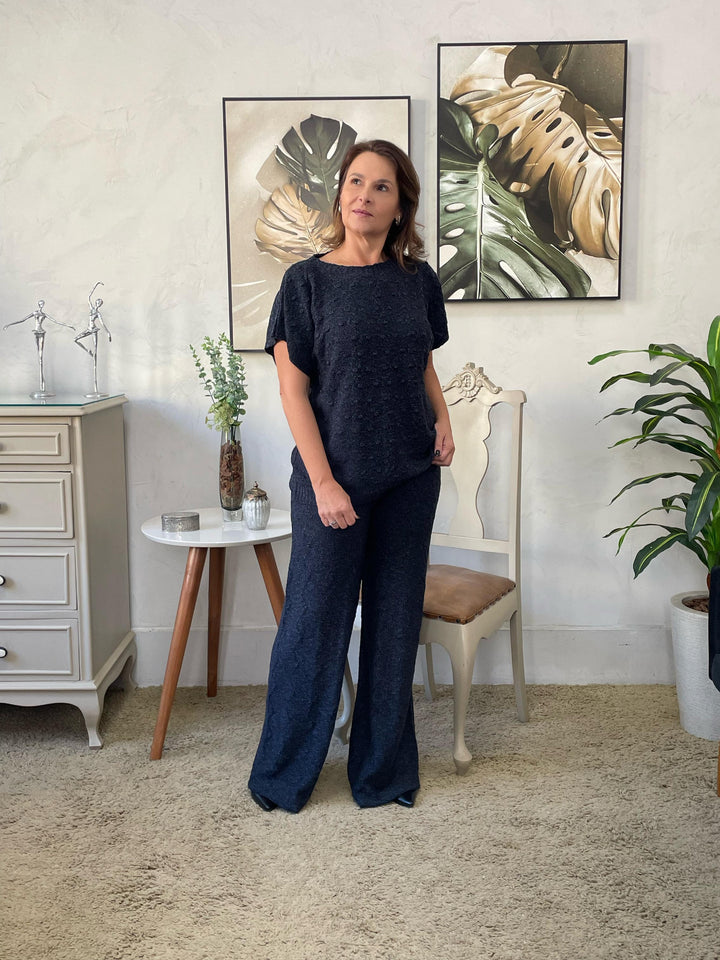 Conjunto Lara em Tricot com Calça Wide leg  - Azul Jeans