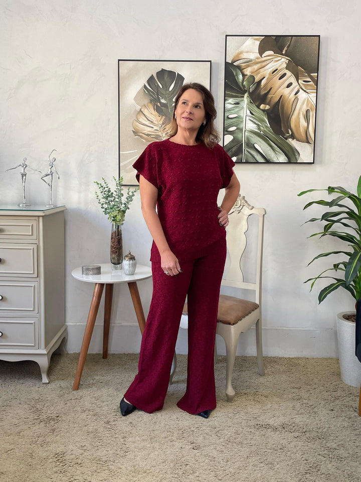 Conjunto Lara em Tricot com Calça Wide leg  - Vermelho