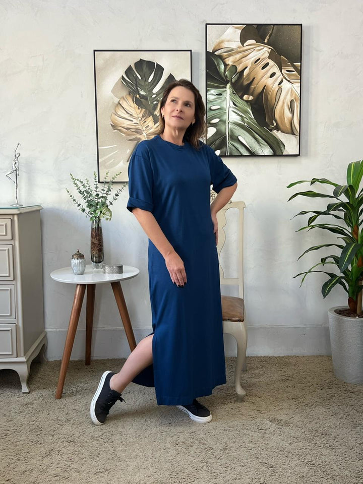 Vestido Longo Manga Curta Azul Marinho - Tamiris