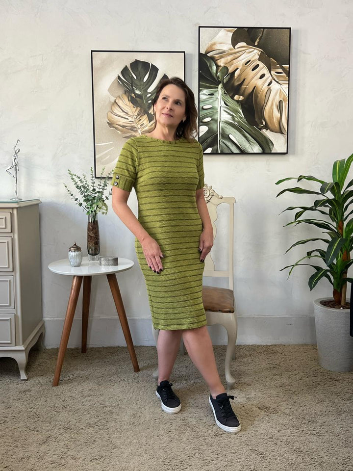 Vestido Midi Manga Curta Malha Jacquard Verde - Telma