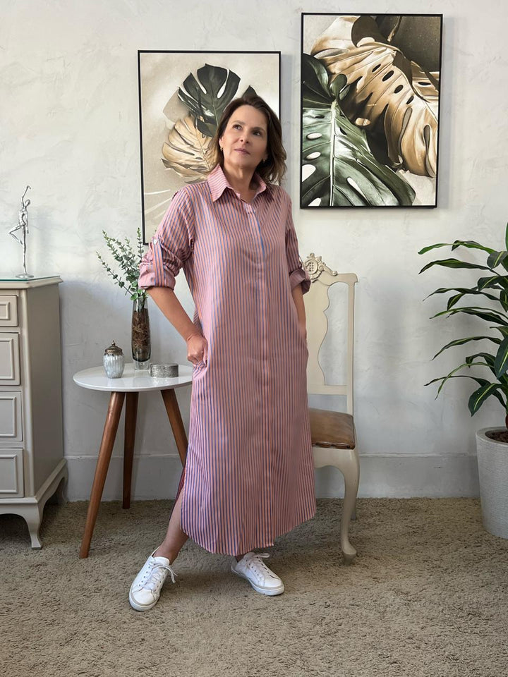 Vestido Chemise Raquel Listrado - Laranja
