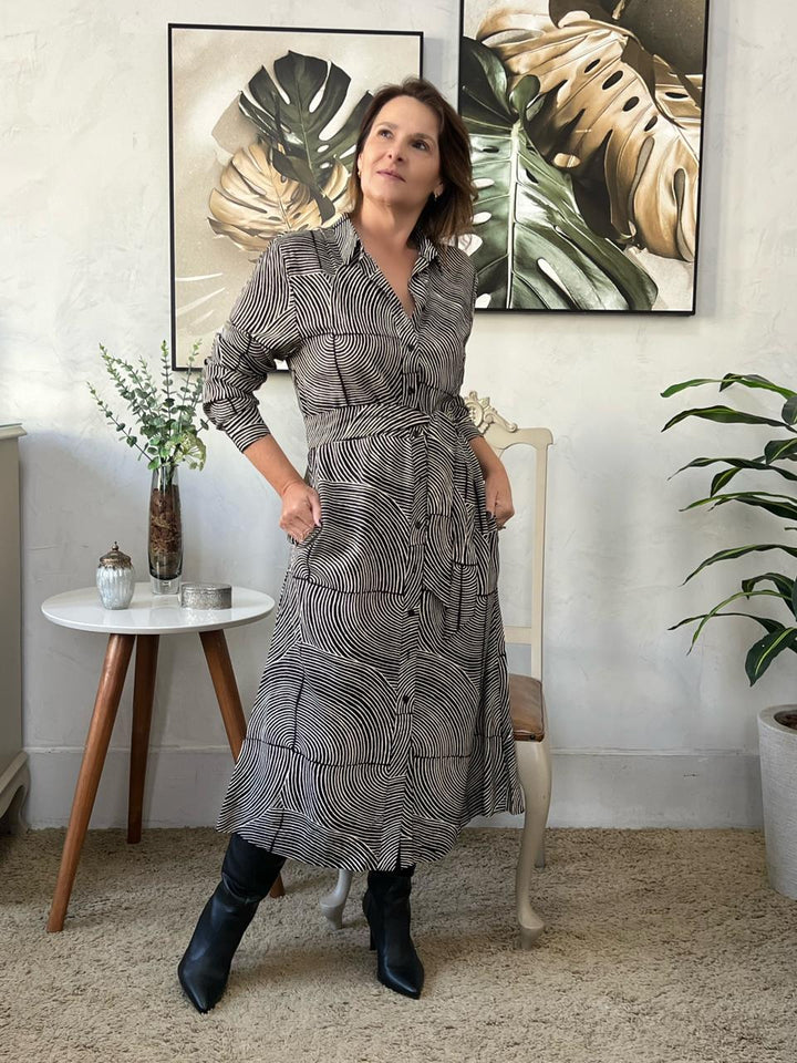 Vestido Chemise Manga Longa Estampada - Paula
