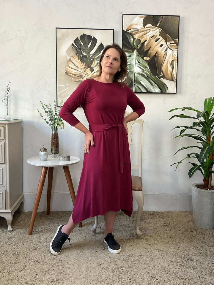 Vestido Midi Manga 7/8 Marsala - Celina