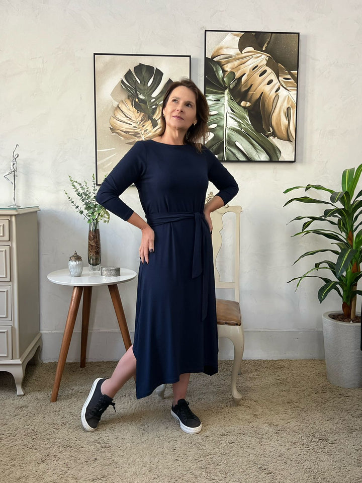 Vestido Midi Manga 7/8 Azul Marinho - Celina