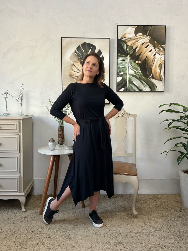 Vestido Midi Manga 7/8 Preto - Celina