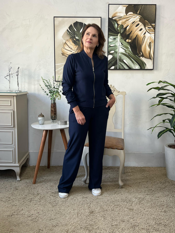 Conjunto Calça Reta e Blusa Bomber Azul Marinho - Clara
