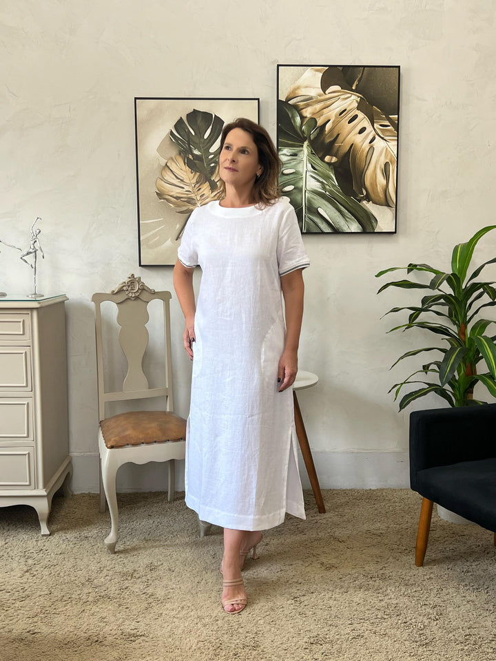 Vestido Maiara em Linho com detalhes na manga - Branco