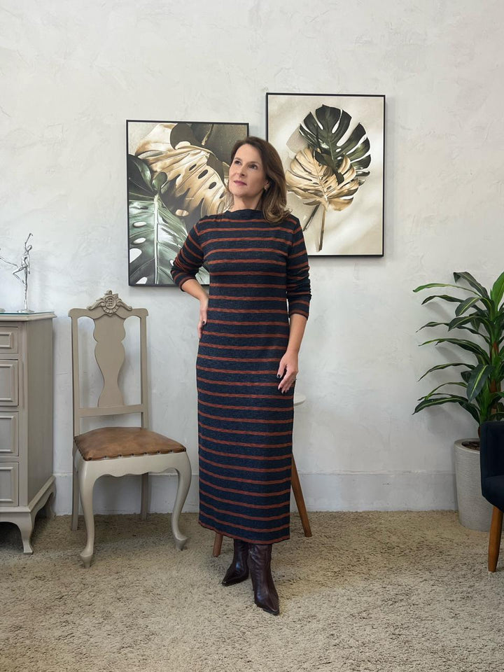 Vestido Geovana Midi Manga Longa - Marinho/Telha