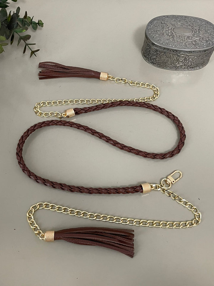 Cinto Gilce Couro Tassel com Correntes - Marrom