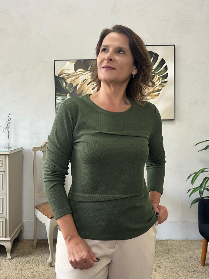 Blusa Valéria Manga Longa em Malha Waffle - Verde
