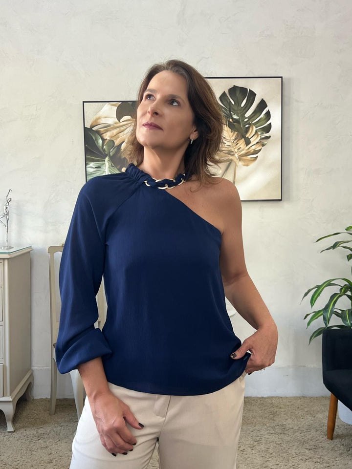 Blusa Daiane Um Ombro com Corrente - Marinho