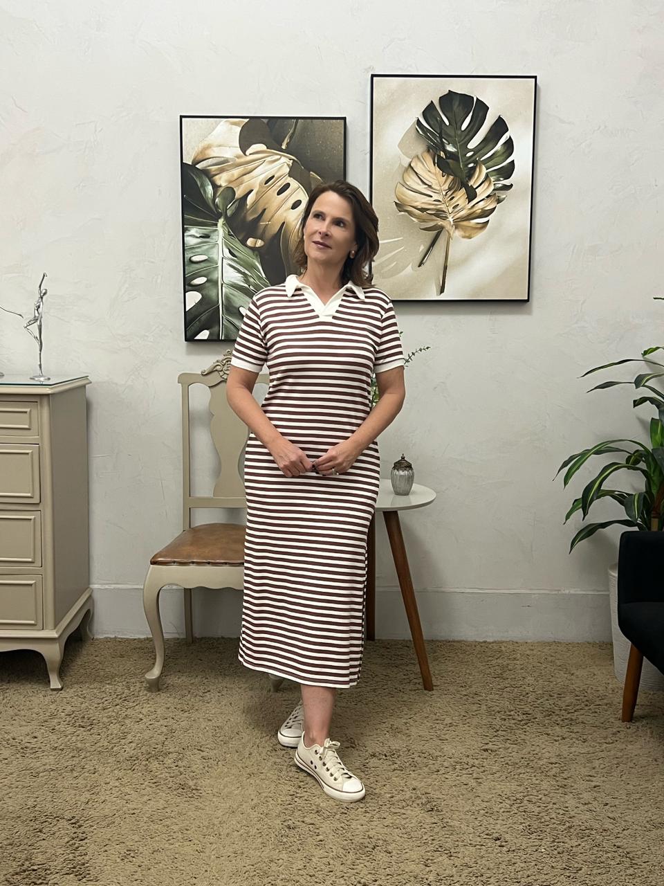 Vestido Gabriela Moletinho Listrado - Marrom