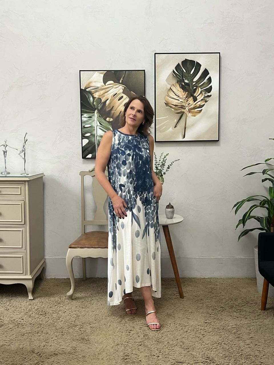 Vestido Eunice Regata Longo Estampado - Azul