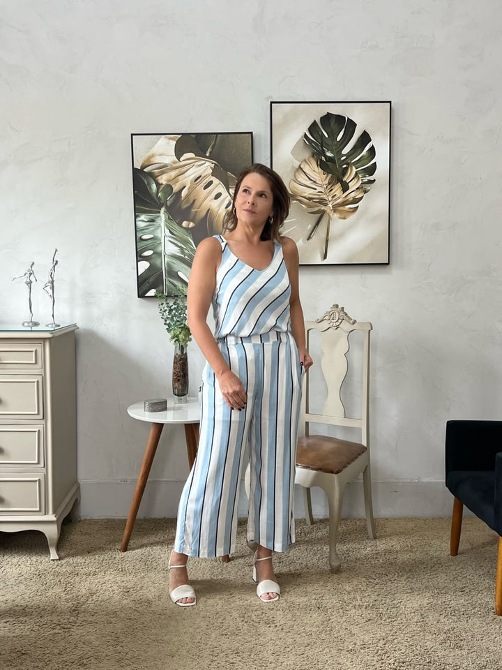 Conjunto Isis - Listrado Azul Claro e Branco