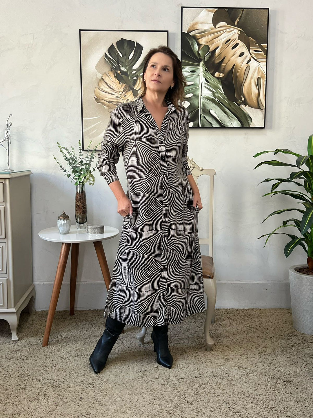 Vestido Chemise Manga Longa Estampada - Paula