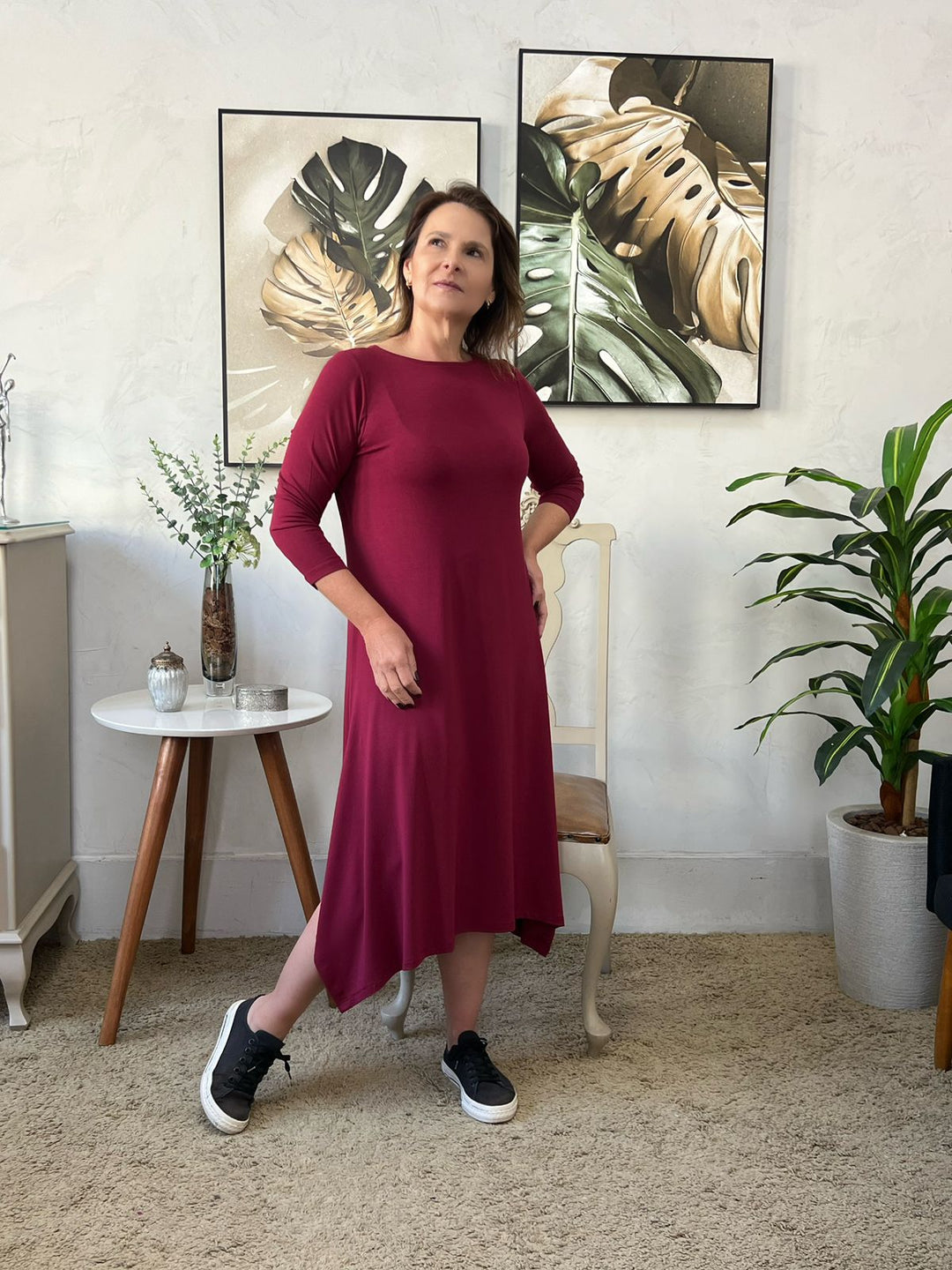 Vestido Midi Manga 7/8 Marsala - Celina