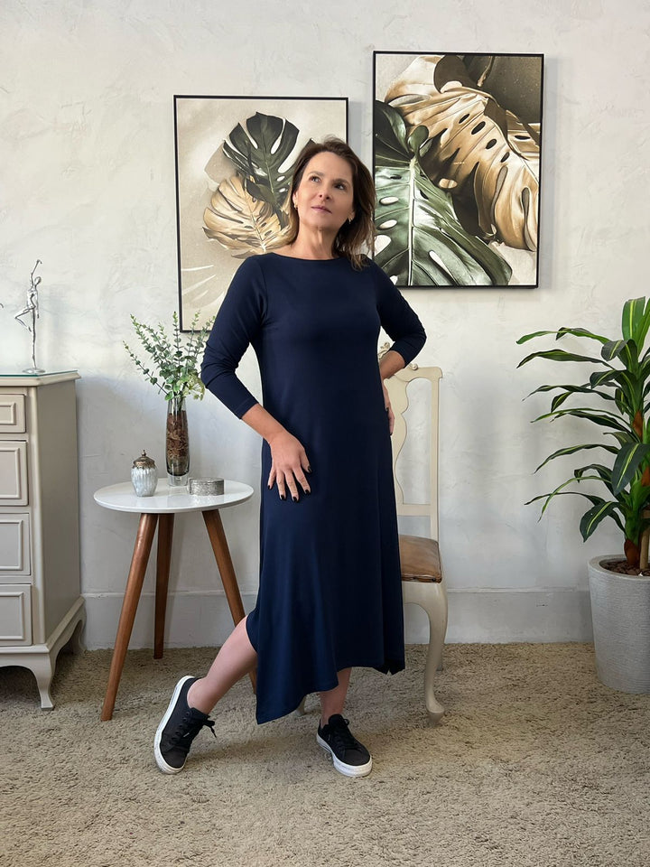 Vestido Midi Manga 7/8 Azul Marinho - Celina