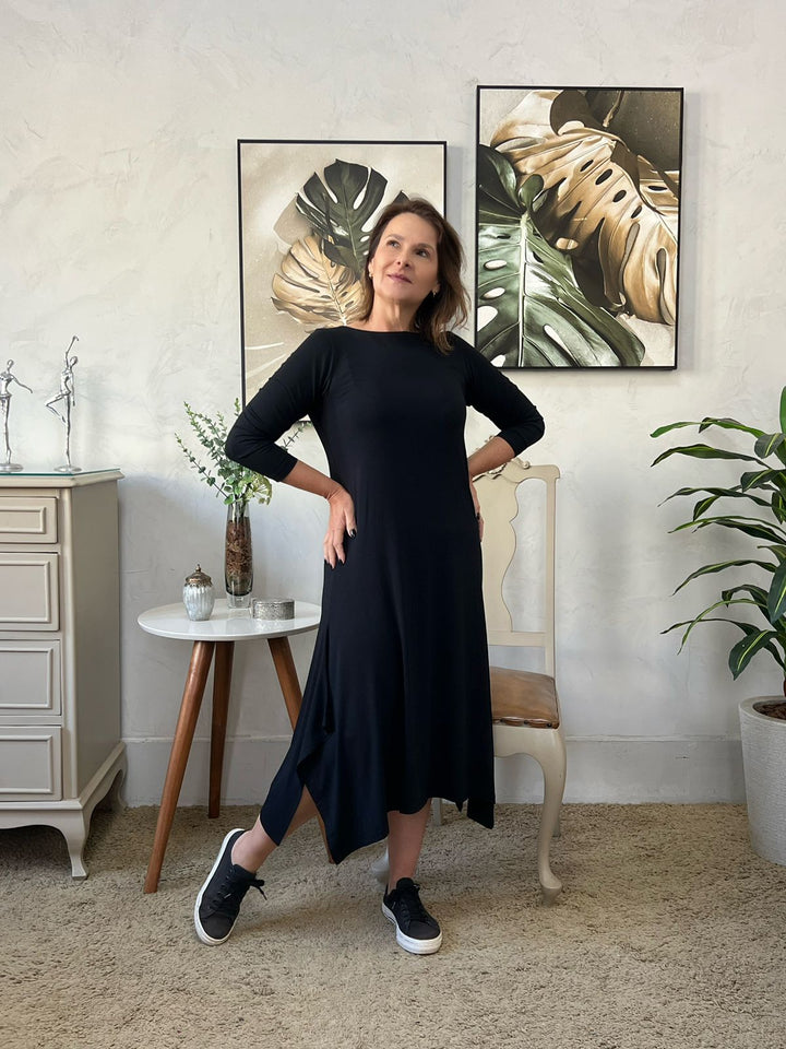 Vestido Midi Manga 7/8 Preto - Celina
