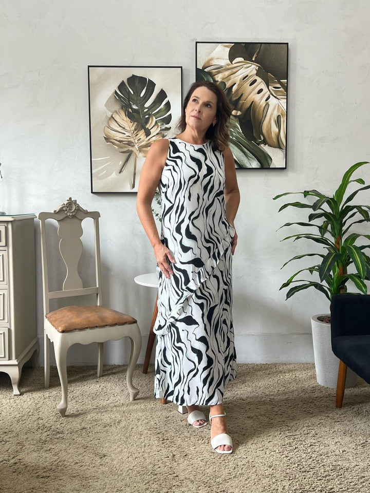 Vestido Liana Estampado com Babados - Off/Preto