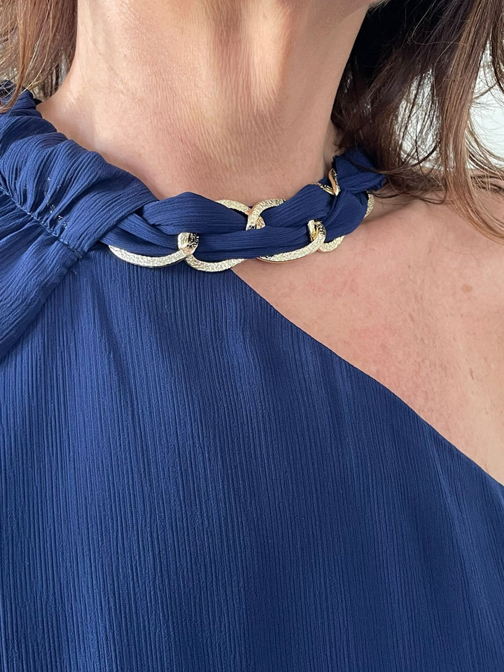 Blusa Daiane Um Ombro com Corrente - Marinho