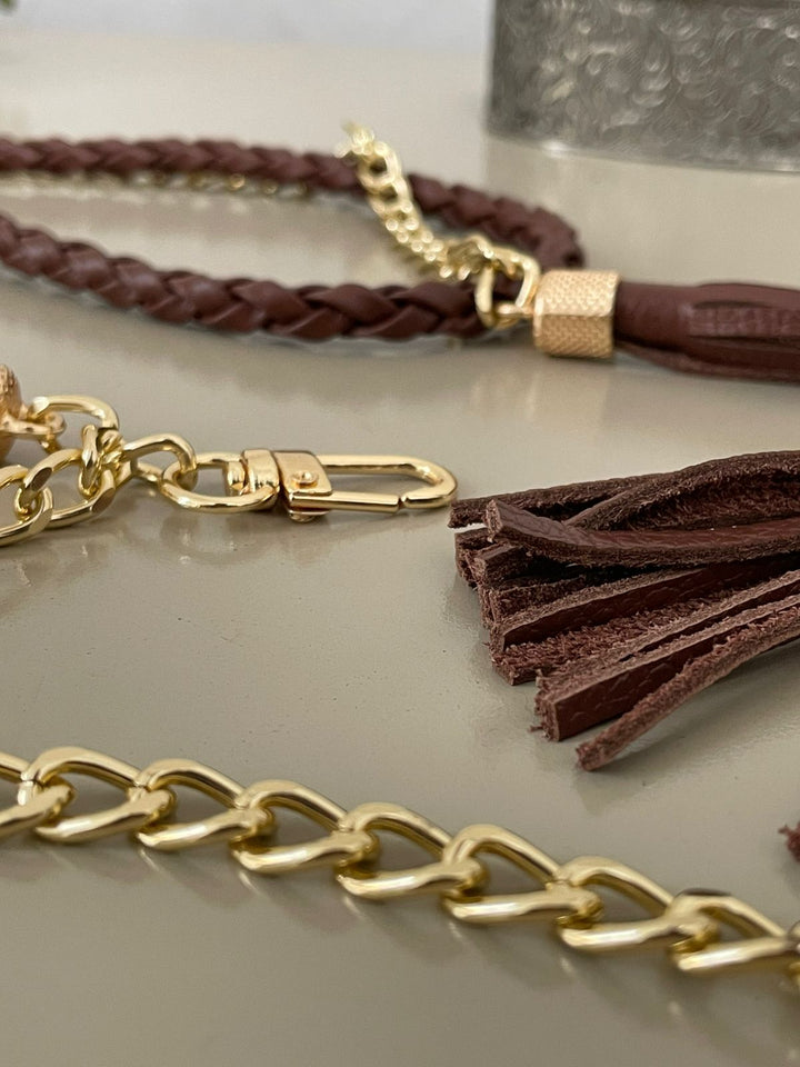 Cinto Gilce Couro Tassel com Correntes - Marrom