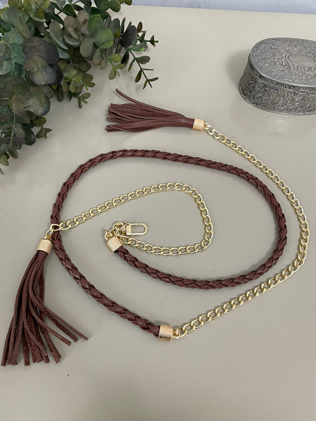 Cinto Gilce Couro Tassel com Correntes - Marrom